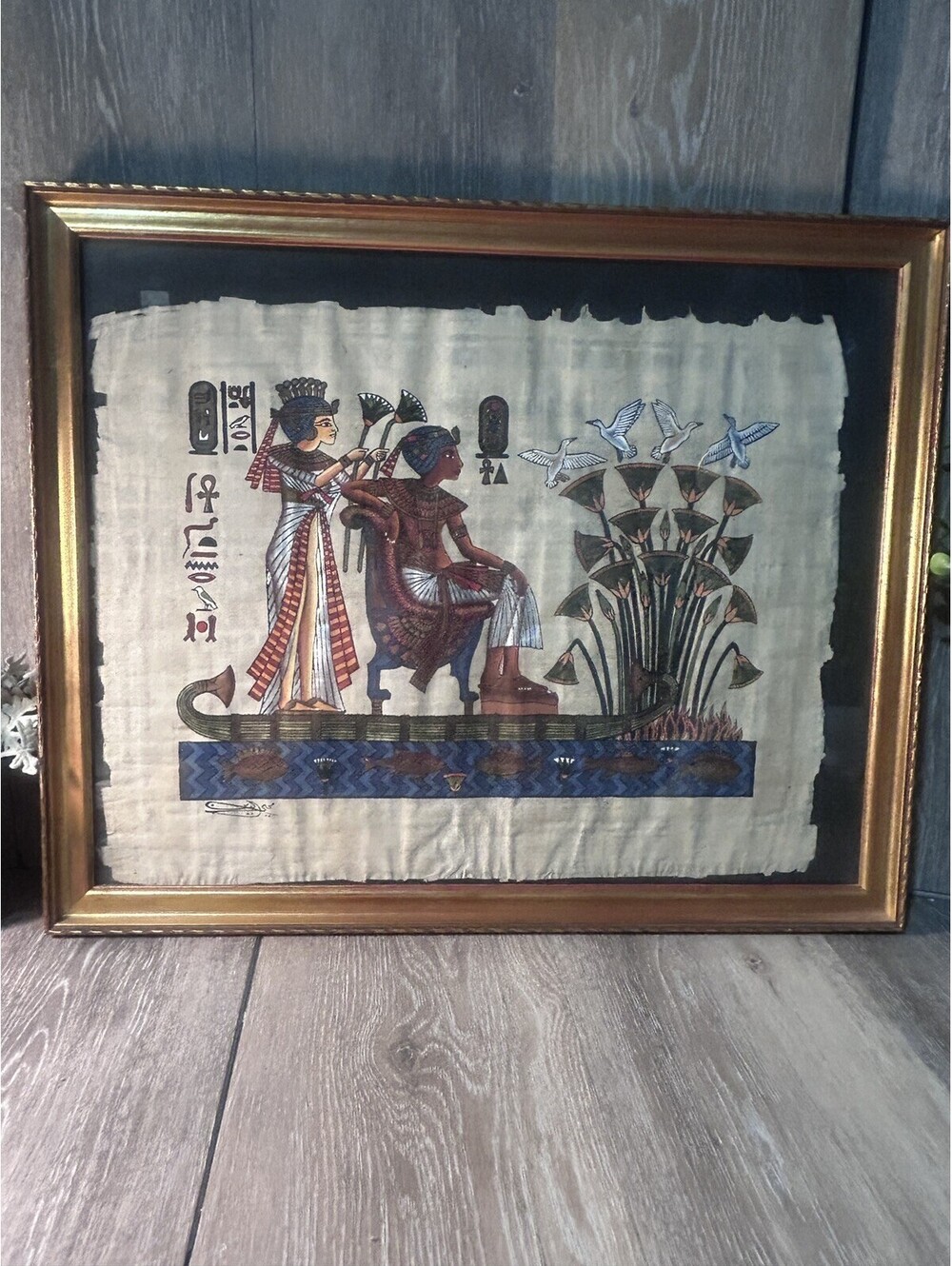 Signed Rare Framed Ancient Egyptian Papyrus-King Tutankhamun & his Wife 18”x21”